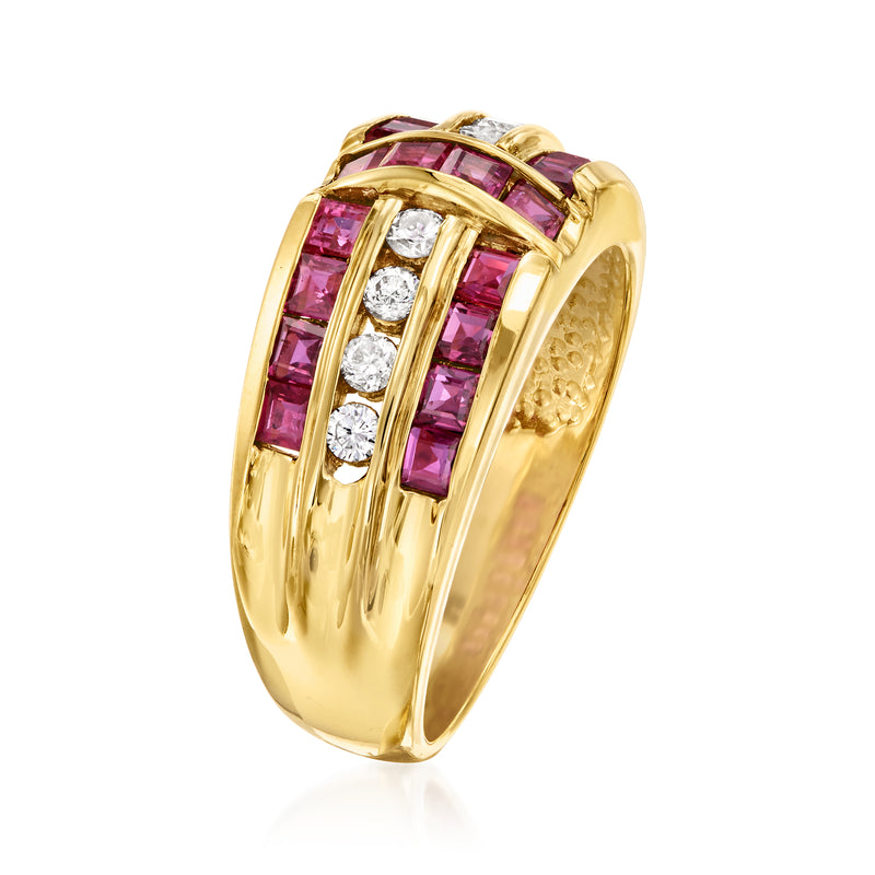 18kt yellow gold vintage ring with purple ruby baguettes and round diamond accents