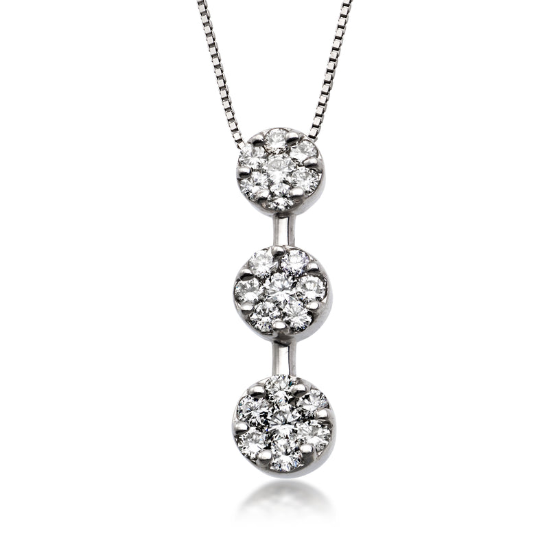 Vintage diamond cluster drop necklace in 14kt white gold with three round clusters