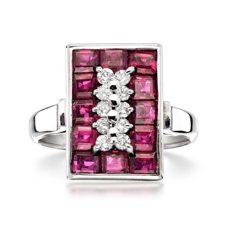 Platinum ruby and diamond square cluster ring with pink gemstone center
