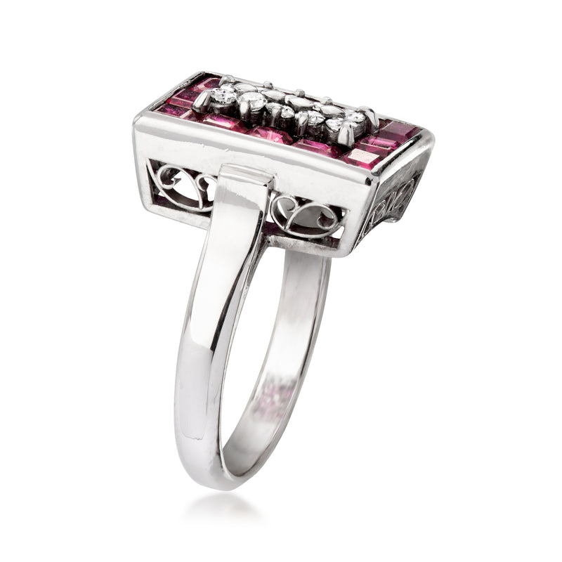 Platinum side-view ring with square pink ruby setting and diamond accents