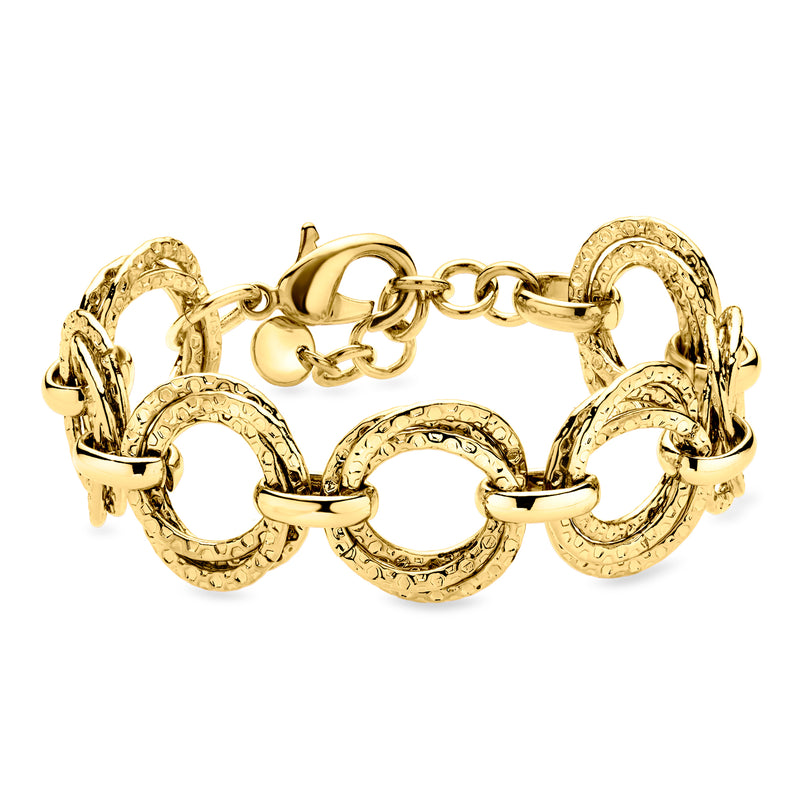 Yellow gold-plated circle-link bracelet with round clasp and open chain links