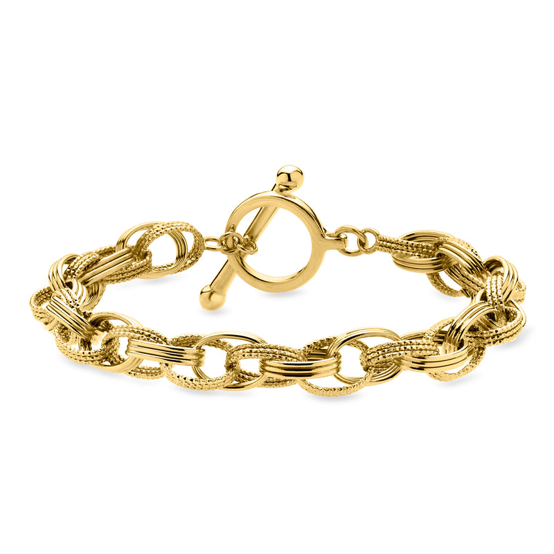 Gold-plated multi-link toggle bracelet with textured chain and round clasp ring
