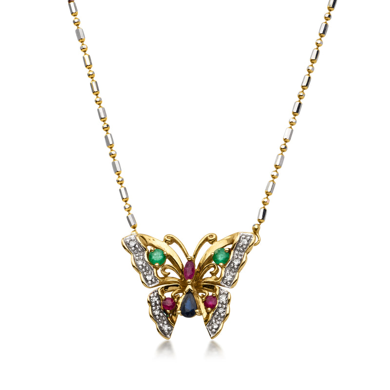 Two-tone gold butterfly pendant necklace with multicolor gemstones and diamond accents