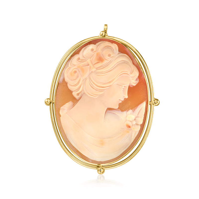 Vintage orange shell oval cameo pendant with woman profile, 18kt yellow gold frame