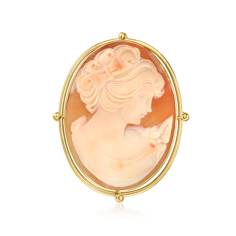 Vintage orange shell oval cameo pendant with woman profile, yellow gold bezel and bail