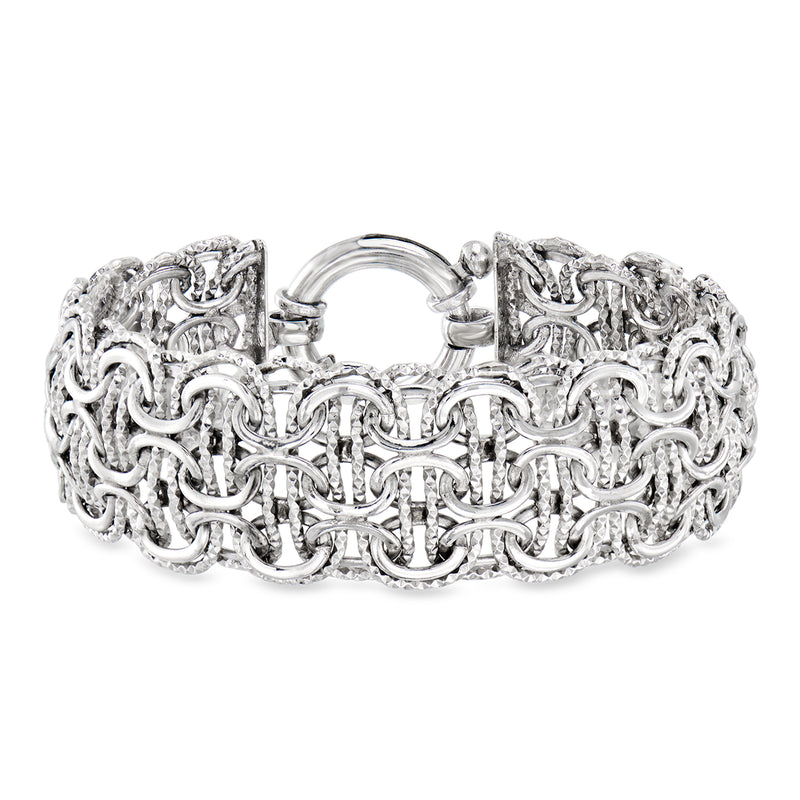 Rhodium-plated woven-link bracelet with hinged clasp and oval ring, silver finish