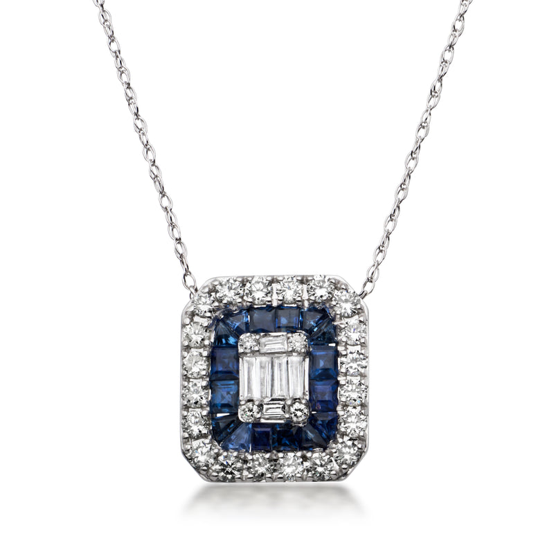 Sapphire and diamond pendant necklace with square blue center and halo, white gold chain