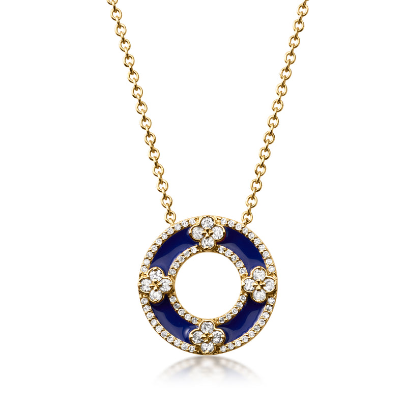 14kt yellow gold circle necklace with blue enamel ring and diamond accents