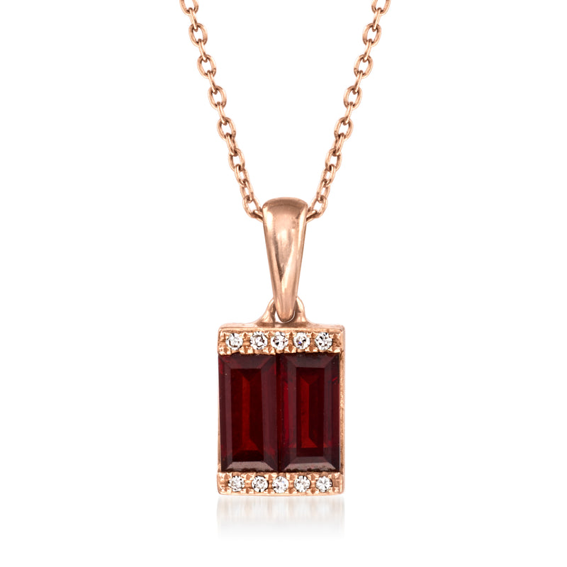 Rose gold pendant necklace with rectangular dark red garnet and diamond border