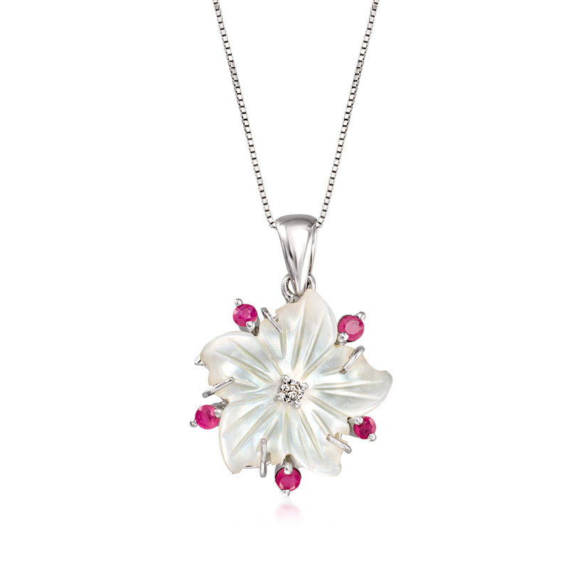 White gold chain necklace with mother-of-pearl flower pendant, pink ruby petals, diamond