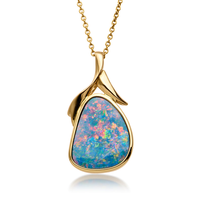 14kt yellow gold opal pendant necklace with teardrop opal gemstone and chain