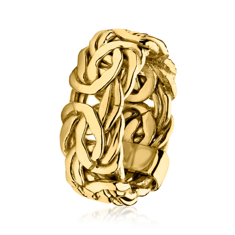 Gold-plated Byzantine-style ring, side view of chunky interwoven links