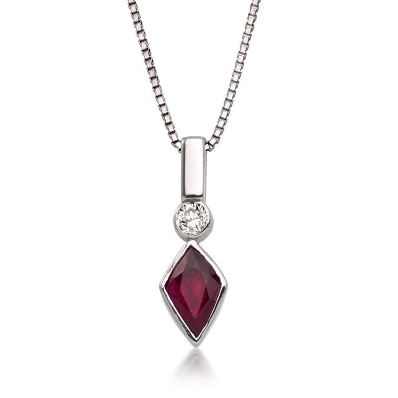 Platinum pendant necklace with ruby marquise drop and round diamond accents
