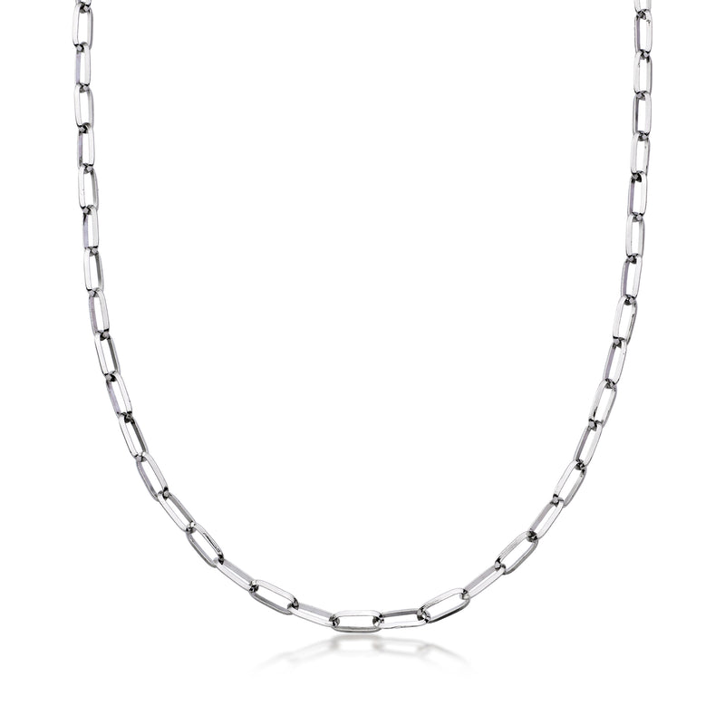 Rhodium-plated paper clip link chain necklace with polished metal curb links