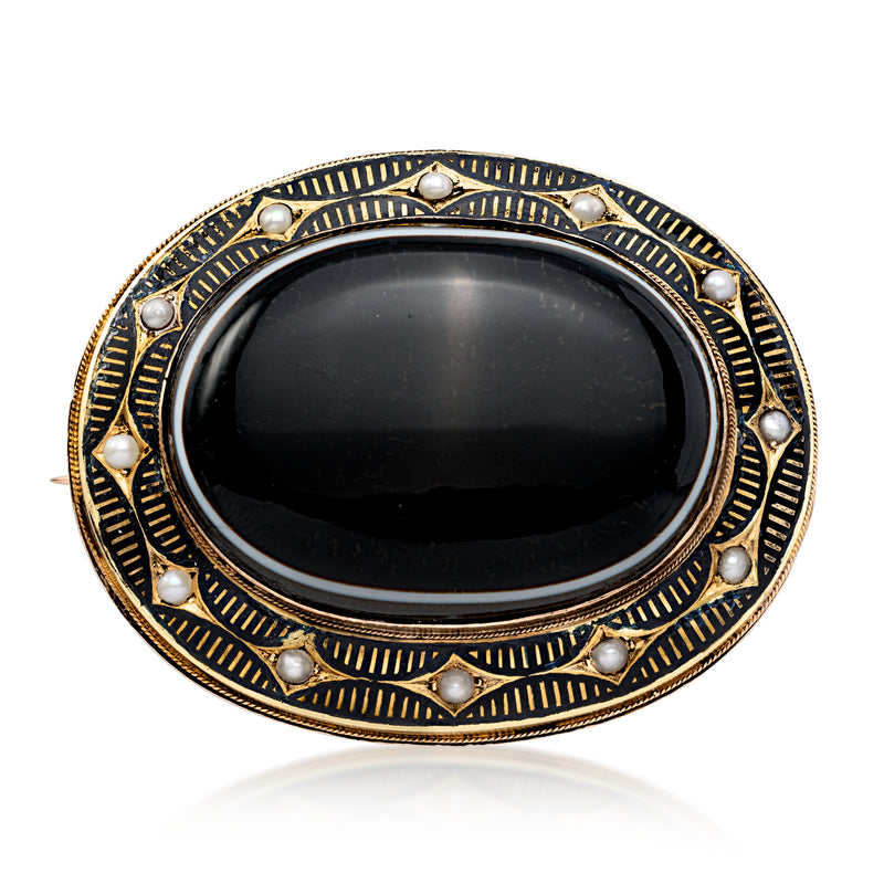 Vintage mourning pin in oval dark agate with pearl accents and 18kt yellow gold setting