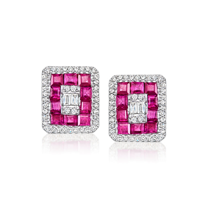 Ruby and diamond square stud earrings with pink center stones, diamond halo, 14kt white gold
