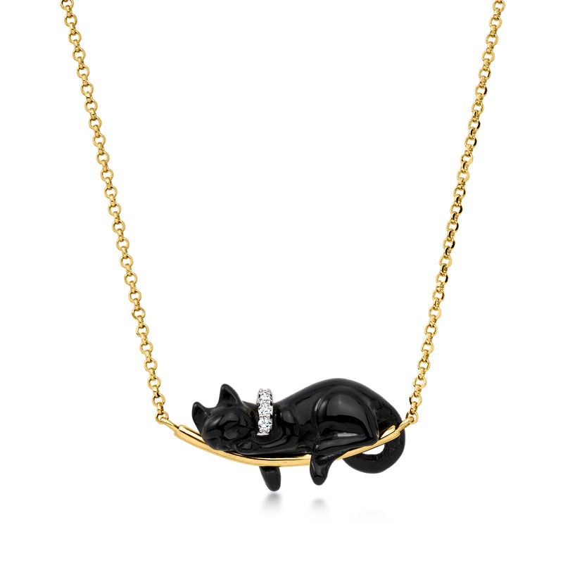 Black cat agate necklace with white topaz, 18kt gold over sterling chain