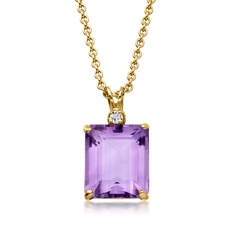 Gold pendant necklace with purple amethyst square and round diamond accent