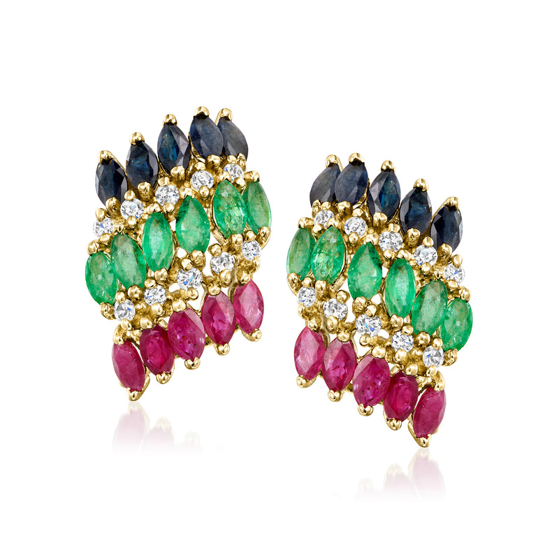 Gold-tone multi-gemstone cluster earrings with green, pink, blue stones and clear accents