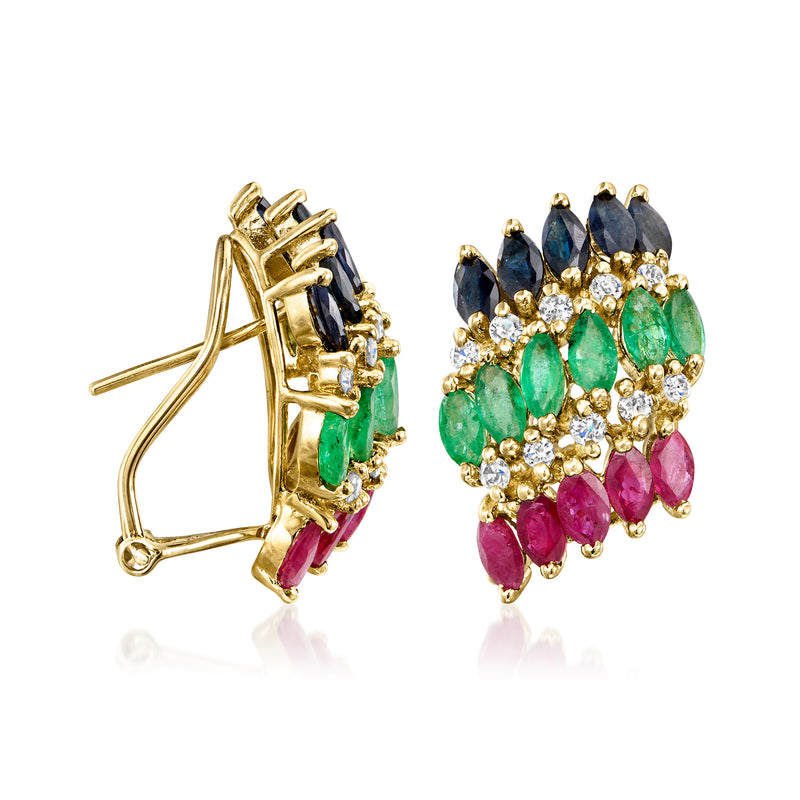 Gold-tone side view of clip/post multi-gemstone cluster earrings with green, pink and blue stones