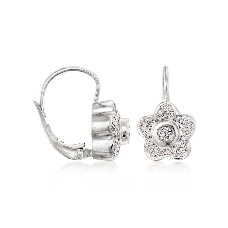 Diamond flower drop leverback earrings in 18kt white gold, with round sparkle stones