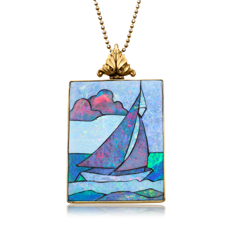 14kt yellow gold pendant necklace with square sailboat mosaic opal pendant