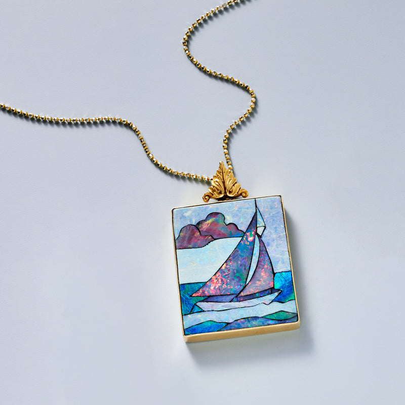 14kt yellow gold ball chain necklace with square sailboat opal mosaic pendant