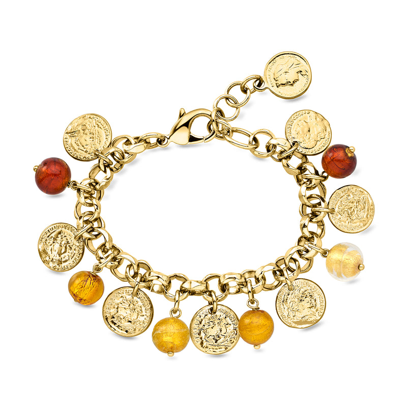 Italian 14kt Yellow Gold-Plated Coin and Multicolored Murano Glass Bead Charm Bracelet