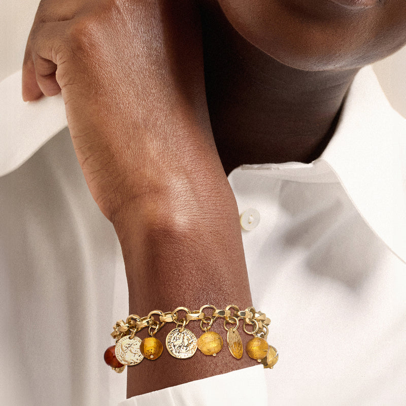 Italian 14kt Yellow Gold-Plated Coin and Multicolored Murano Glass Bead Charm Bracelet