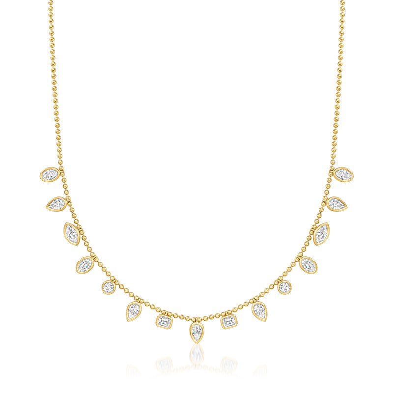 14kt yellow gold bezel-set lab-grown diamond tennis necklace, teardrop and square links