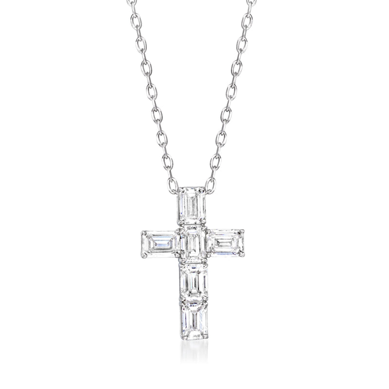 Sterling silver cross necklace with emerald-cut lab-grown diamond studs