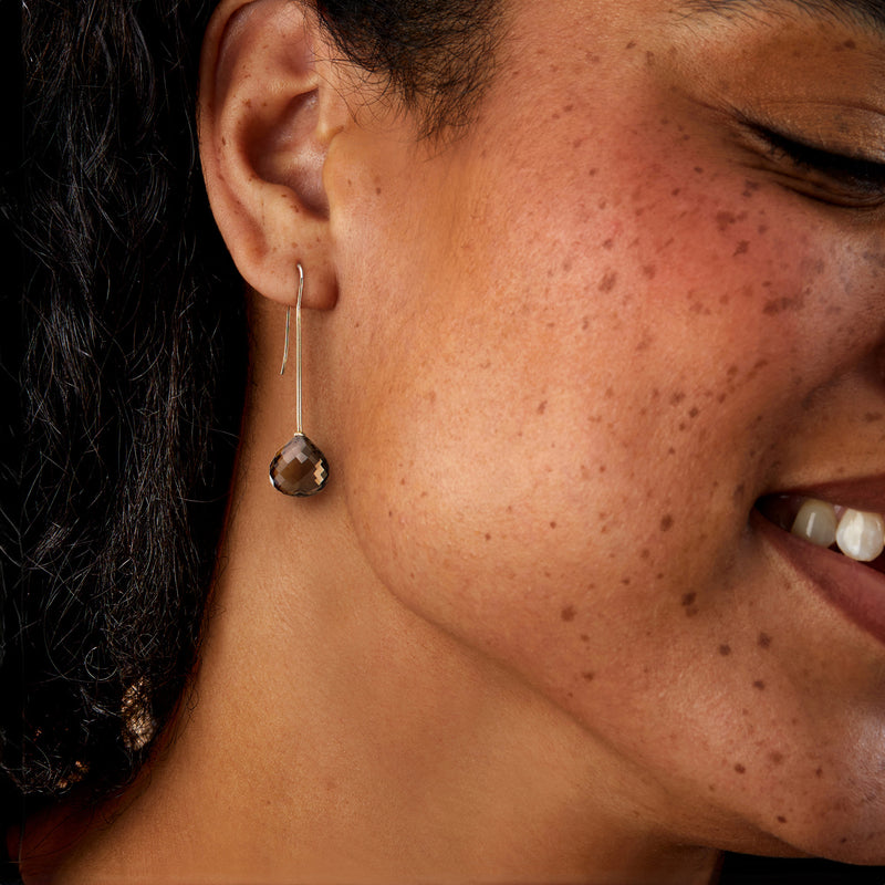 Smoky quartz drop earrings in 14kt yellow gold on earwire hooks, side view