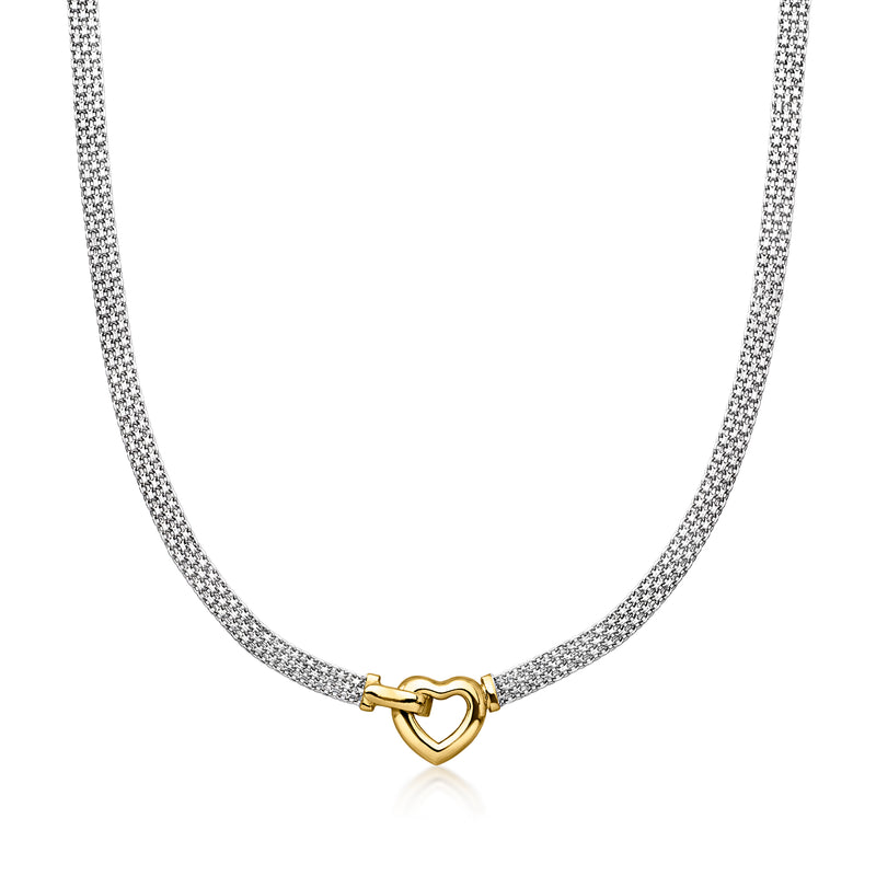 Sterling silver bismark-link necklace with 18kt gold over sterling heart clasp