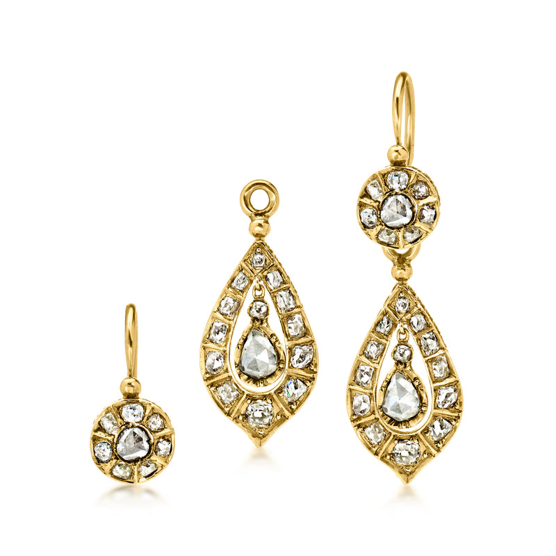 18kt yellow gold diamond drop earrings with round halo and pear-shaped crystal dangles