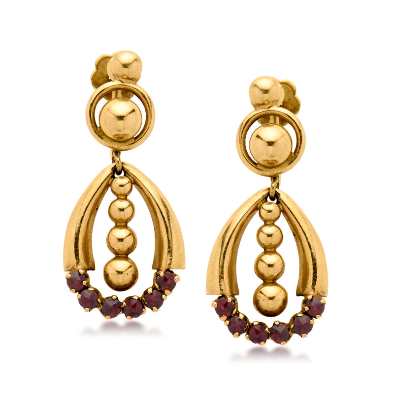 18kt yellow gold clip drop earrings with beaded balls and dark red garnet accents