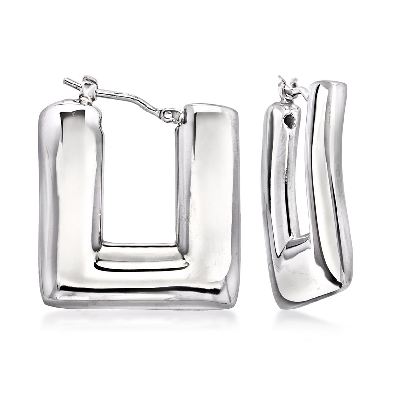 Square puffy hoop earrings in polished sterling silver, hinged clasp visible