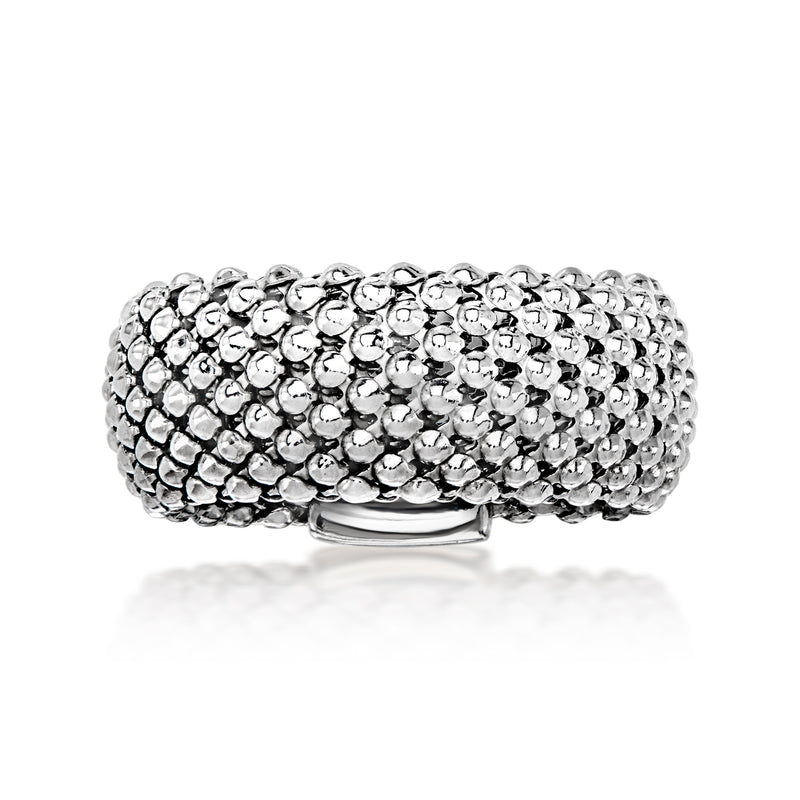 Sterling silver flat popcorn-link cuff ring with rounded wide band and clasp