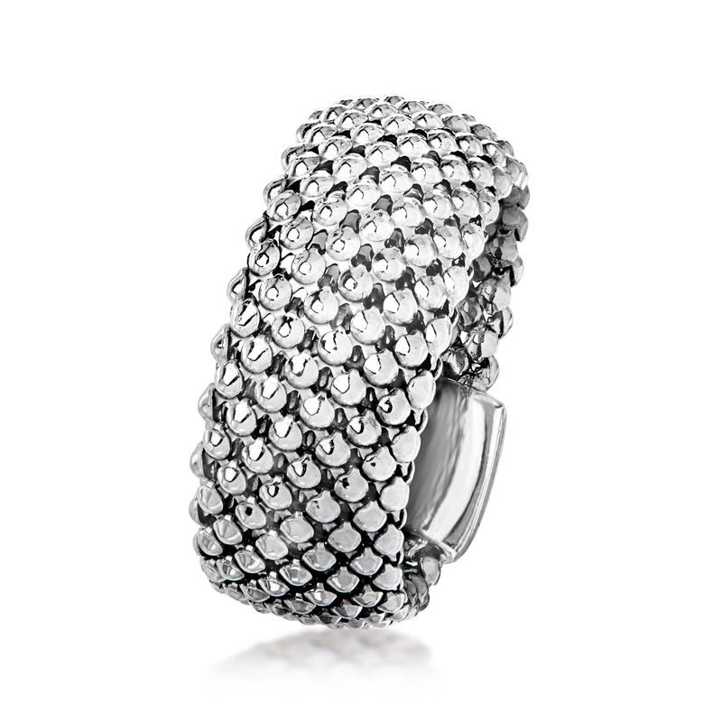 Sterling silver popcorn-link cuff ring, textured mesh band with hinged side detail