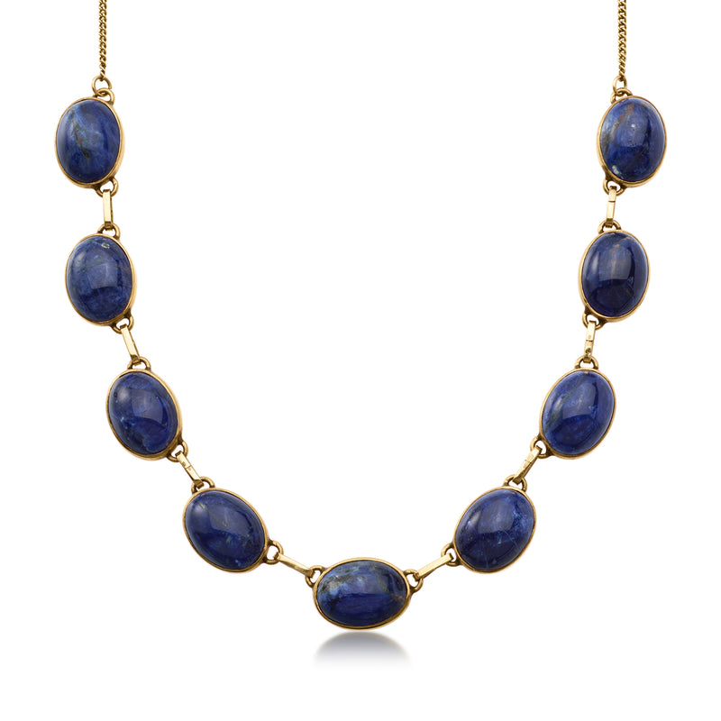 Vintage lapis necklace with oval cabochon stones, 9kt yellow gold chain, 18.5 in