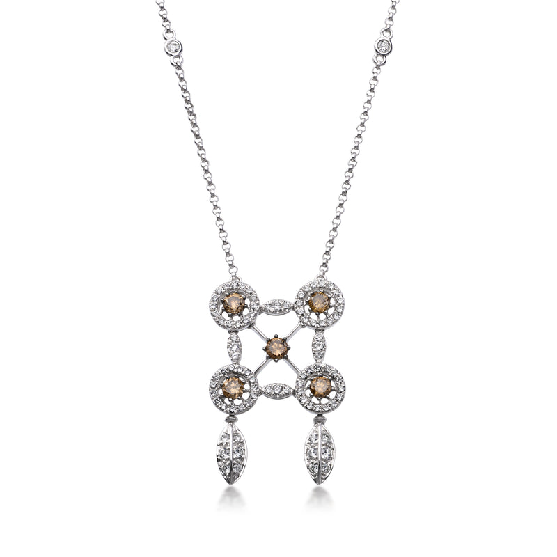Diamond pendant necklace with brown-and-white round stones in white gold