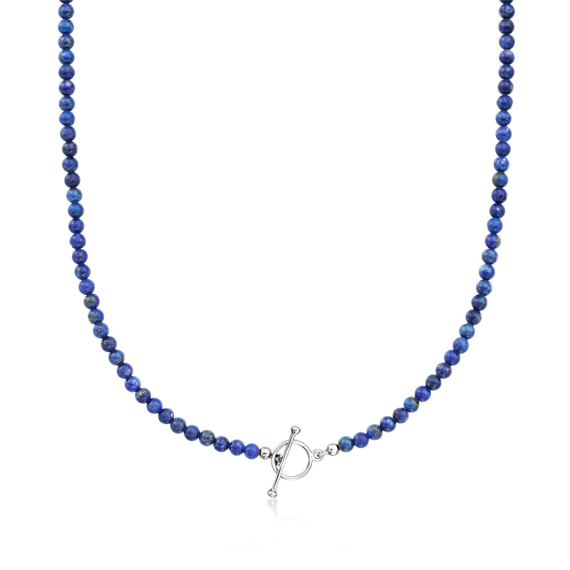 Lapis bead toggle necklace with sterling silver clasp, blue round beads