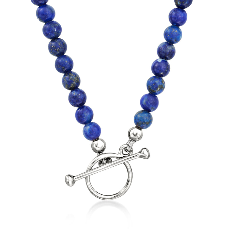 Lapis bead necklace with sterling silver toggle clasp and ring accents