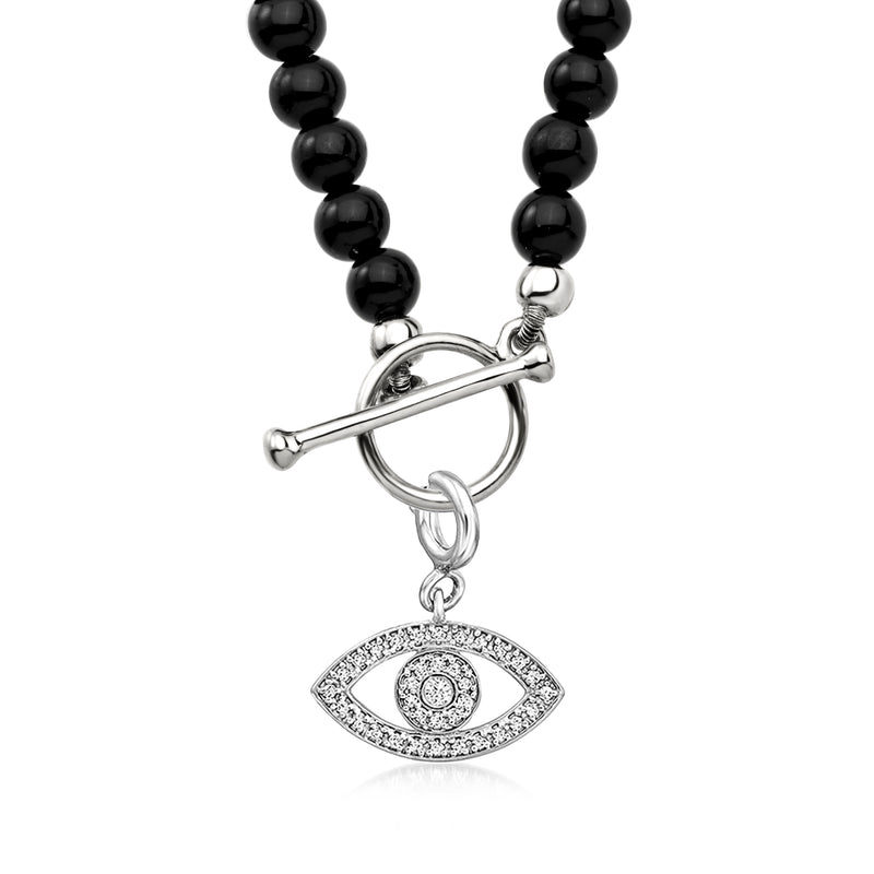 Sterling silver toggle clasp with black beads and dangling eye charm