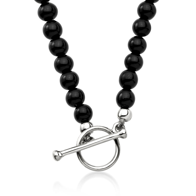 Black bead necklace with sterling silver toggle clasp; pendant charm not shown