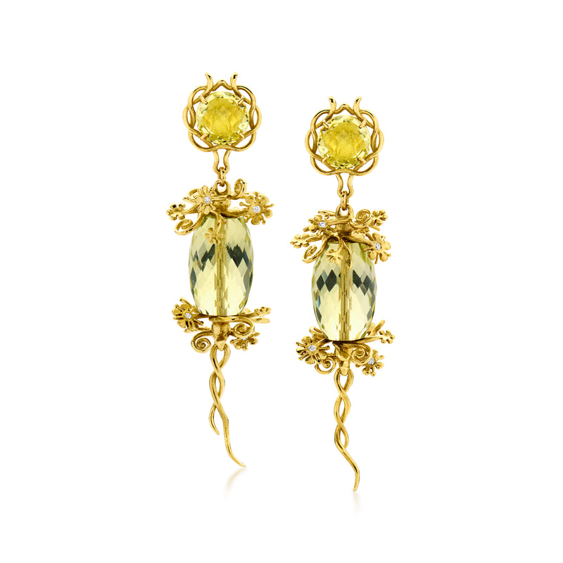 Floral lemon quartz drop earrings in 18k yellow gold, ornate dangling design