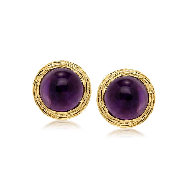 Amethyst stud earrings in textured 14kt yellow gold bezels with round purple stones
