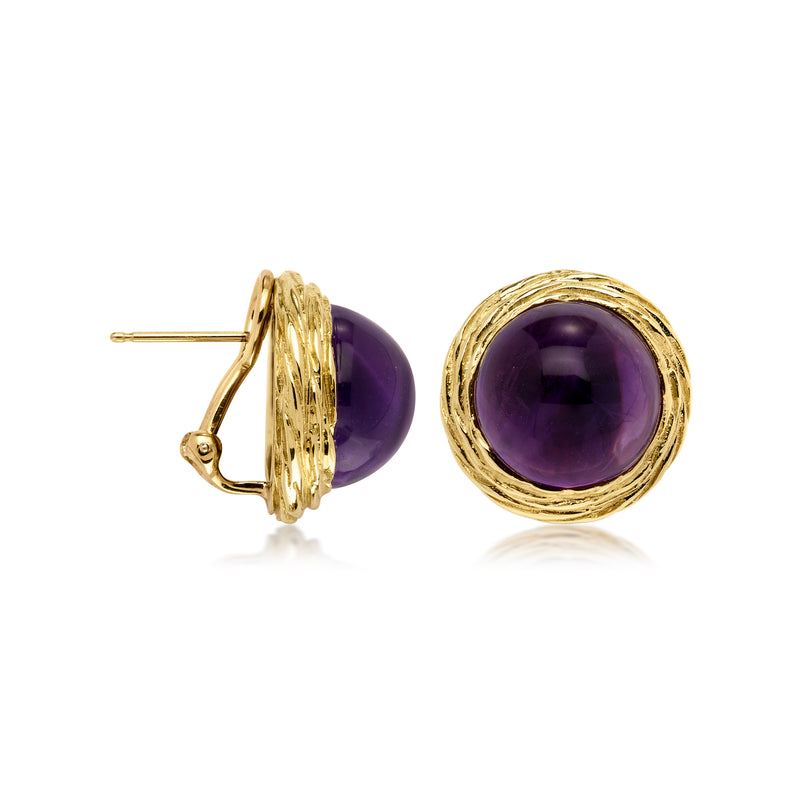 Amethyst post earrings with round purple cabochons in hammered 14kt yellow gold settings