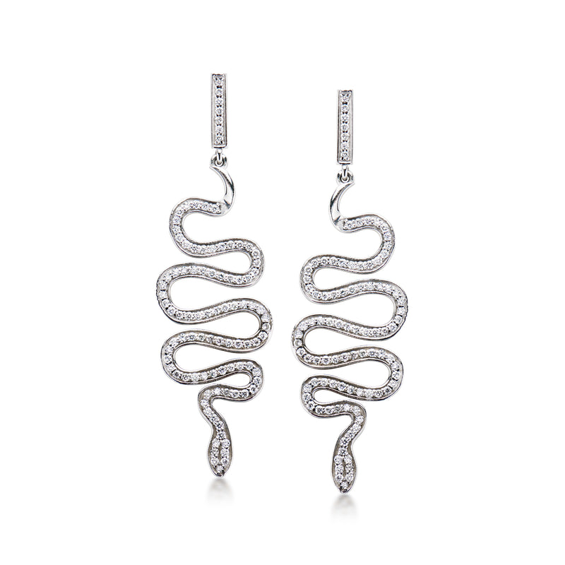 Diamond snake drop earrings in white gold