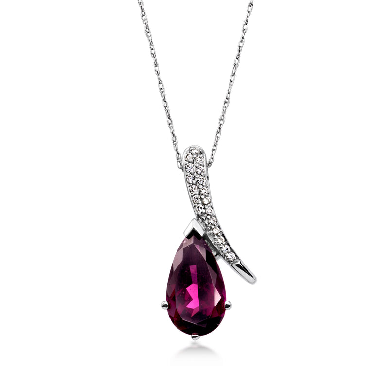 Garnet teardrop pendant necklace with diamond-studded frame and white gold chain