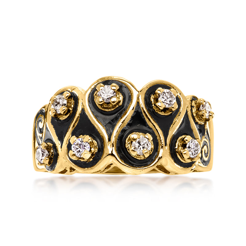 Vintage ruffled black enamel and diamond ring, 14kt yellow gold, round bezel stones